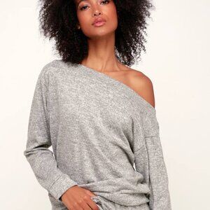Lulus Cozy Days Heather Grey Asymmetrical Off-the-shoulder Sweater - Size M